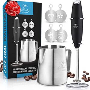 Zulay Milk Frother Complete Set Coffee Gift, Handheld Foam Maker for Lattes - Whisk Drink Mixer for Coffee, Mini Blender for Cappuccino, Frappe - Includes Frother, Stencils & Frothing Cup (Black)